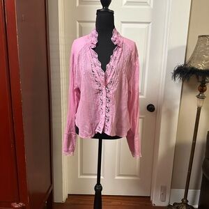 Chic Pink Blouse with Ruffled Sleeves and Elegant Design